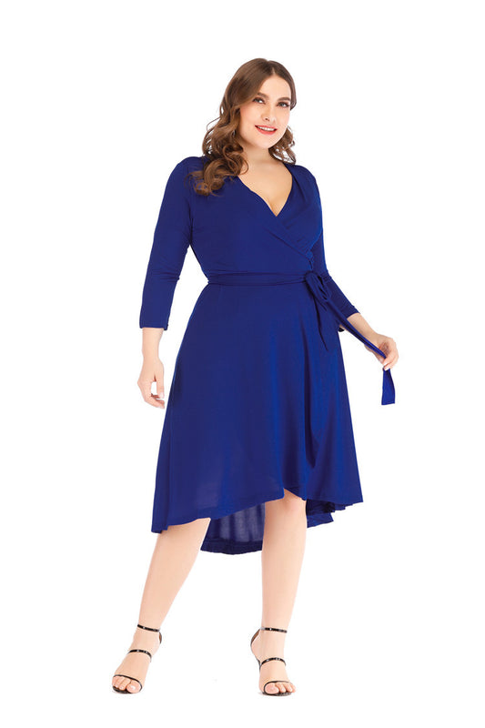 Amazon Aliexpress Plus Size Dress V-Neck Slim And Elegant Three-Quarter Sleeves Fat MM Skirt Was Thin In Europe