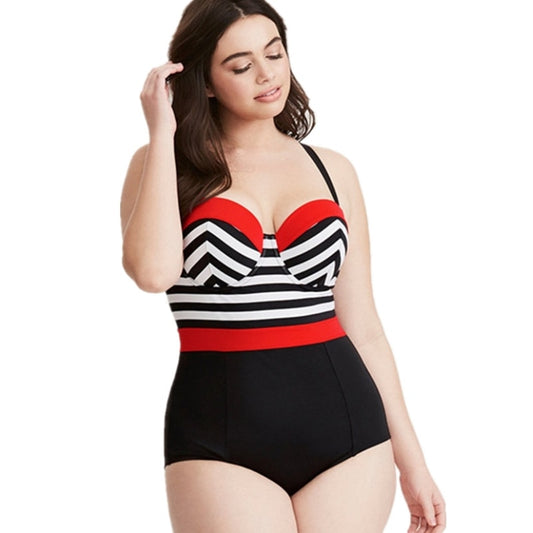 Black and white striped one-piece plus size swimsuit
