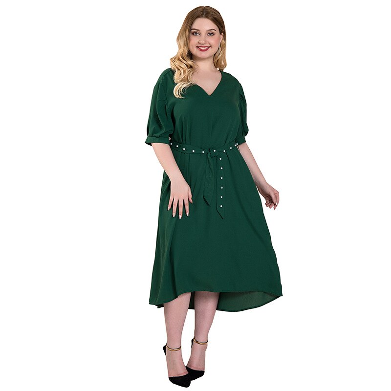 Large size green dress female belt decoration V-neck casual Middle Eastern temperament lady fat mm