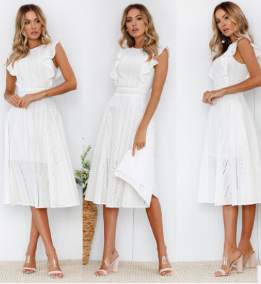 Ruffle irregular round neck lace dress