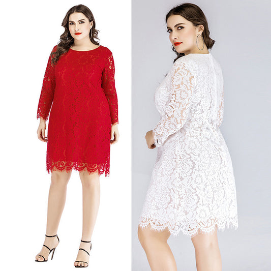 Plus Size Women'S Lace Dress 2020 Spring New Fat Mm Waist Slimming Mini Skirt Round Neck Three-Quarter Sleeves