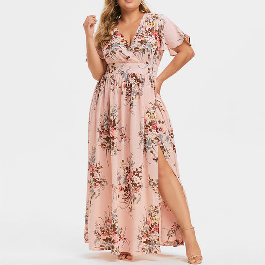 Spring And Summer Amazon Plus Size Women's Fat Sister Waist Printing Printed Hem Slit Dress Factory Stall