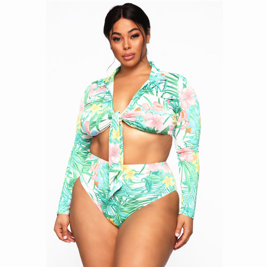 Singularity 2021 New Bikini European and American Large Size Swimsuit Long Sleeve High Waist Fat Lady Amazon Swimsuit