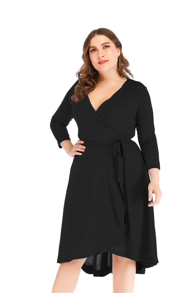 Amazon Aliexpress Plus Size Dress V-Neck Slim And Elegant Three-Quarter Sleeves Fat MM Skirt Was Thin In Europe