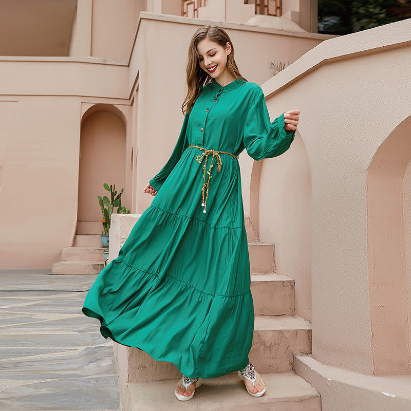 Hepburn Style Plus Size Loose Solid Color Long Sleeves Big Swing Dress