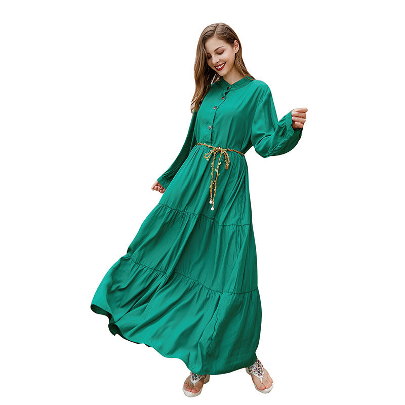 Hepburn Style Plus Size Loose Solid Color Long Sleeves Big Swing Dress