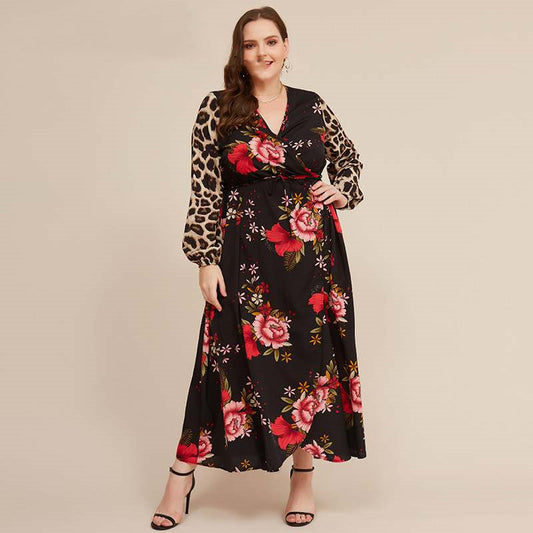 Spring Leopard Print Long-sleeved V-neck Women's Dress