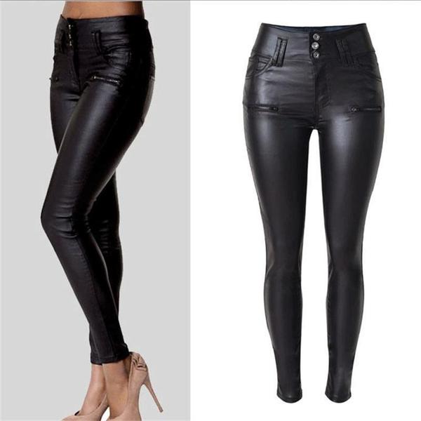 Explosion models high waist 3 button Slim leather pants PU feet pants