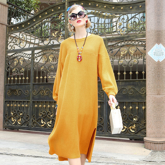 Winter warm solid color knit sweater dress long sleeve large size fat sister dress maternity dress