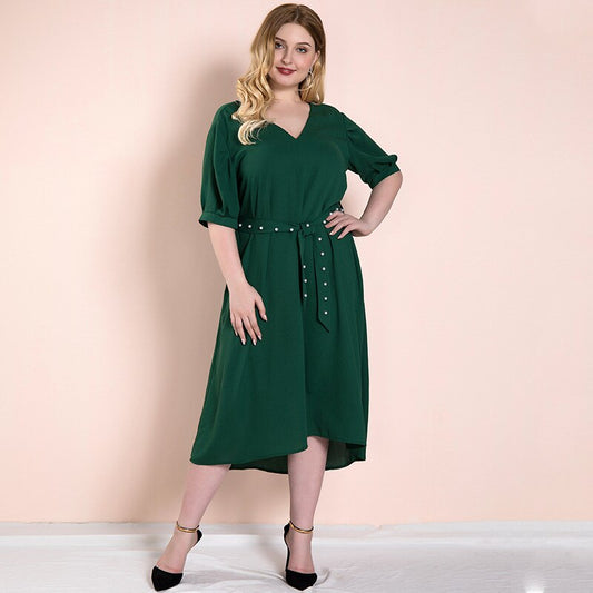 Large size green dress female belt decoration V-neck casual Middle Eastern temperament lady fat mm