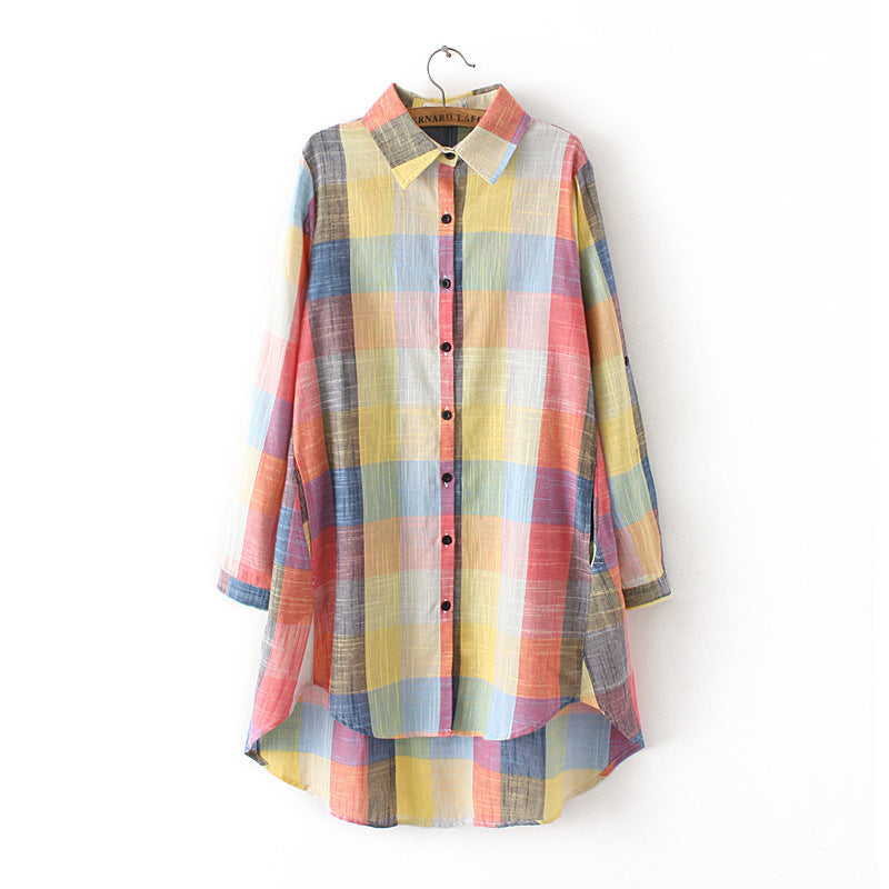 Fat Mm Loose Mid-length Cotton And Linen Large Blouse Long-sleeved Color Matching Shirt